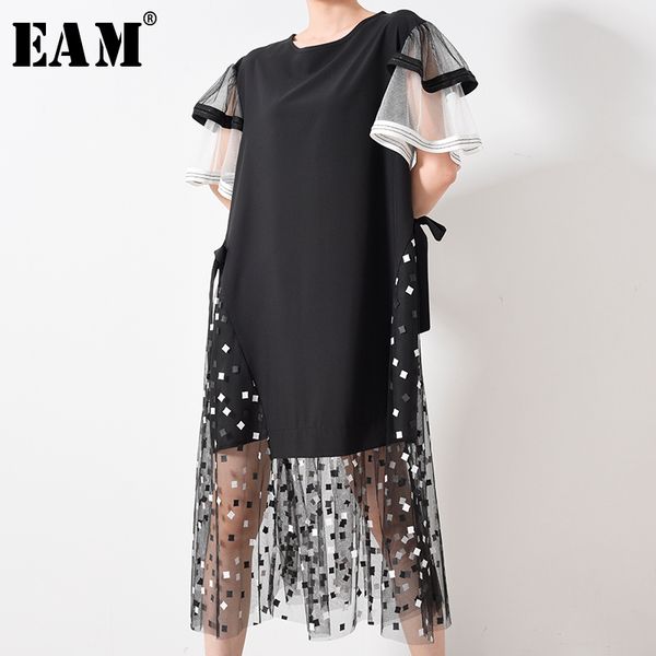 

eam] women black mesh printed ruffles big size dress new round neck short sleeve loose fit fashion spring summer 2020 1u12001, Black;gray