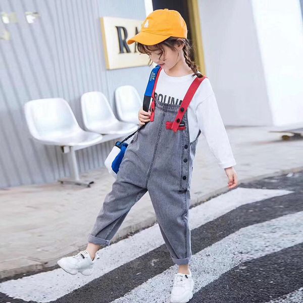 

cuhk children's webbed denim overalls teenager girl pure color cowboy suspenders pants toddler kids straps jeans casual trousers, Blue