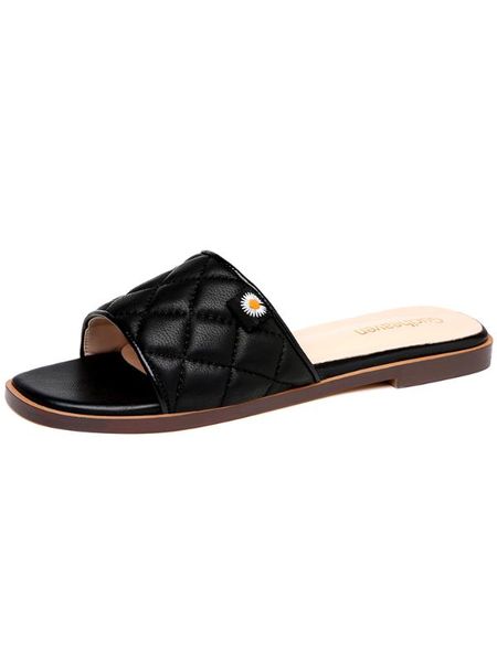 

summer 2020 new style first layer sheepskin open toe flat heel slippers small daisy decorative solid color flip flops waterproof, Black