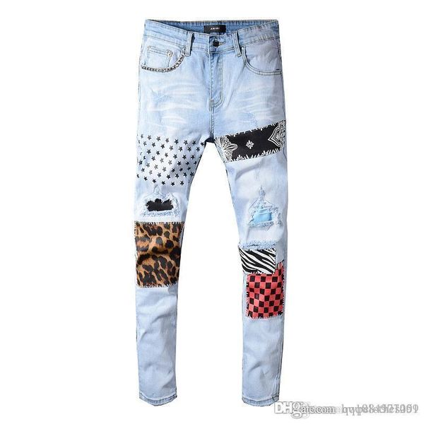 

2019 straight mens designer jeans distressed ripped skinny printed motorcycle biker causal mens denim pants men designer jeans mens jeans, Blue