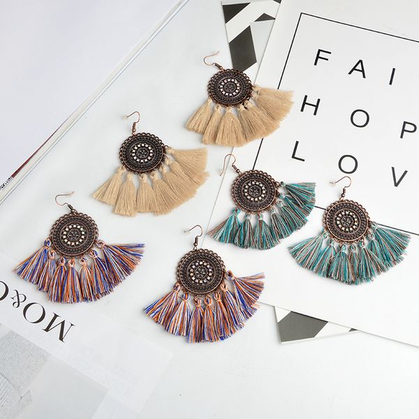 

charm earrings hollow round multicolor cotton tassels dangle earrings for women ethnic bohemian ear jewelry gift drop earring, Silver