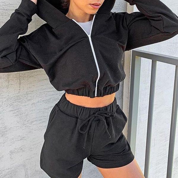 

running sets women oversized jogging tracksuit cropped high waist shorts long sleeve zipper hooded gym 2 piece set, Black;blue