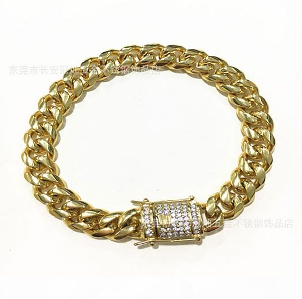

мужские браслеты 18k позолоченный хип-хоп кубинский золотой браслет 10мм 8 дюймов dimond кнопка сеть, Black