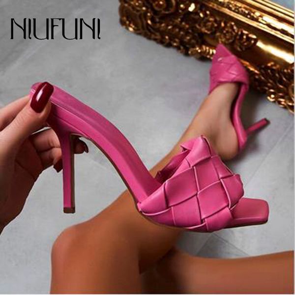 

plus size 35-41 women slippers stiletto square toe woven woman sandals peep toe solid color high heels shoes for women mules, Black