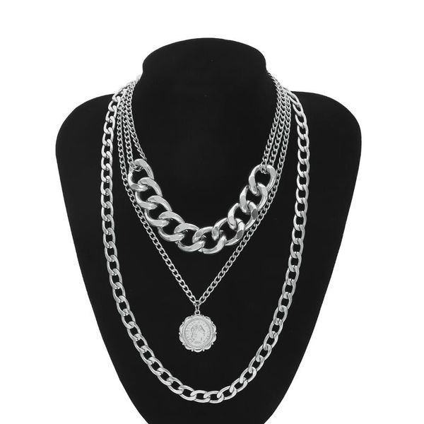 

chains icnway necklaceheavy metal texture queen embossed pendant item sweater chain female simple multilayer necklace, Silver