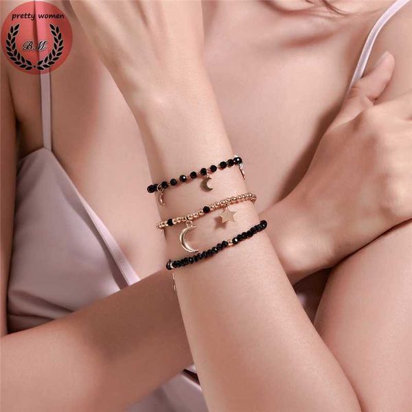 

black beaded star and moon bracelet for women fashion three-piece bracelet manual popular set charm jewelry gift