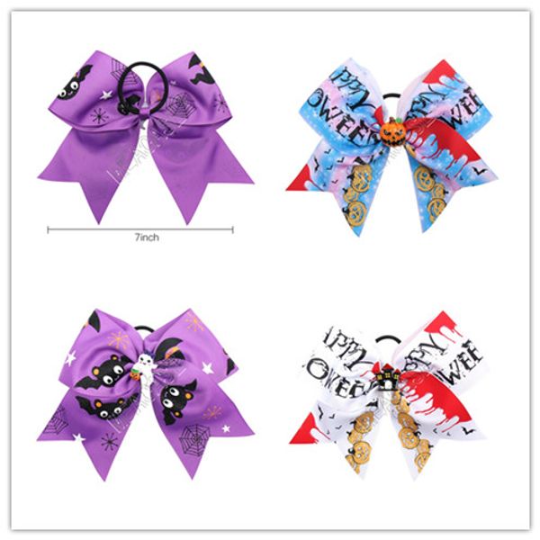 

7 inch cartoon hair brand hairbands girls big bow hair circle ring rope cute kids ponytail holder halloween ghost pumpkins bats print d82011, Slivery;white