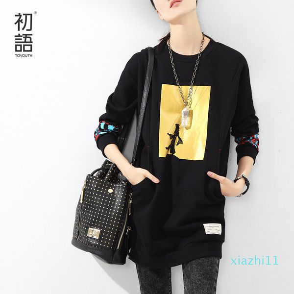 

fashion tracksuit women printed long sleeve hoodies o -neck pullovers medium -long hoodies sweatshirts hoodie, Black