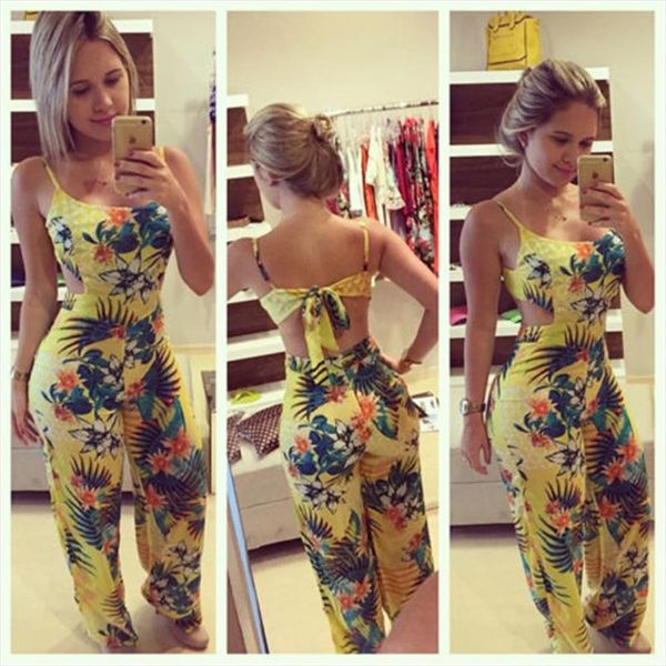 

casual floral strap ruffles playsuits backless rompers women sets high waist 2018 summer beach female long pants jumpsuit outfit, Gray