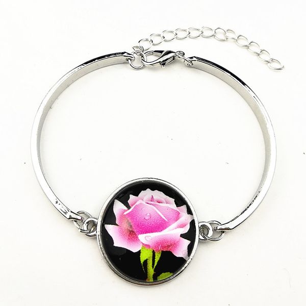 

1pc jiangzimei new design black red pink blue purple rose, lotus, swirl glass bangle charm bracelets for girls women