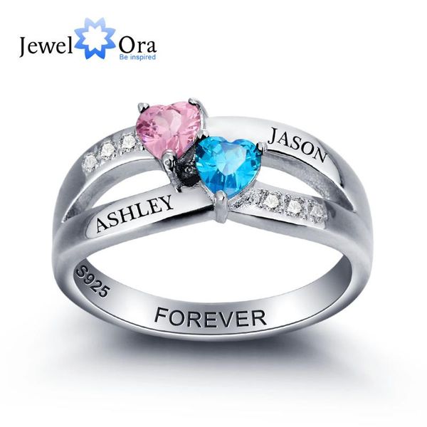 

personalized engrave birthstone couple heart 925 sterling silver love promise wedding ring gift box (jewelora ri102000, Golden;silver