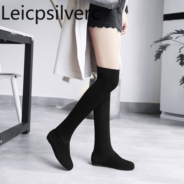 

women's boots autumn and winter the new fashion flock round head flat women's over the knee boots plus size 30-44, Black