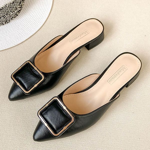 

2020 metal buckle pointed toe mules shoes women sandals chunky heels slippers women flipflops cover toe slides plus size 34-41, Black