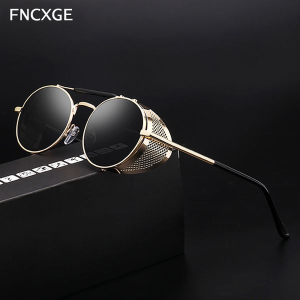 

2020 fashion round men steampunk sunglasses women retro vintage classic sun glasses side shield male goggle metal frame gothic, White;black