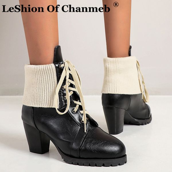 

boots eur size 34-48 women's chunky spike heels ankle woman lady lace up black brown sock boot female booties winter botas mujer