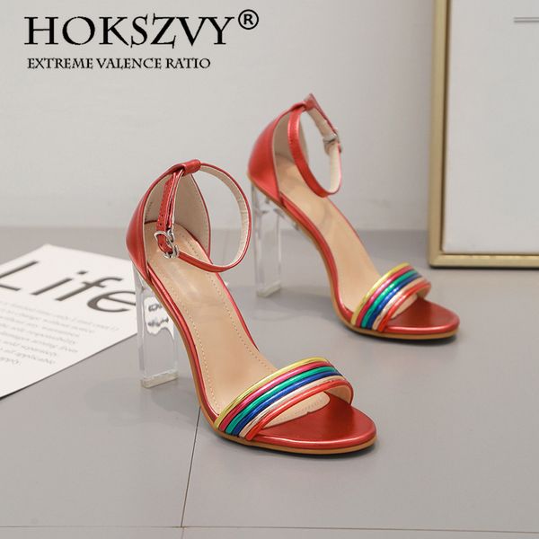 

women's sandals heels summer fashion multi-color stripe transparent crystal heel buckle open-toe sandals df-a858, Black