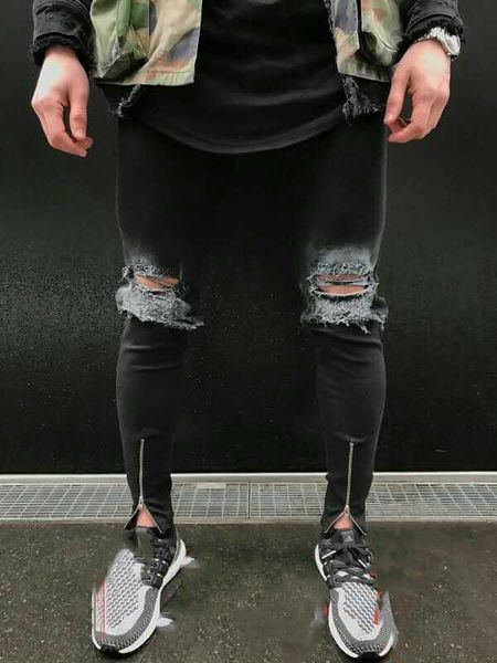 

2020 latest european and american male fashion mens designer jeans holes stripes jeans skateboard printing fit washed motocycle trousers, Blue