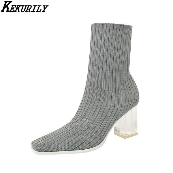 

knitting mid-calf boots women shoes crystal square heels boots fashion square toe half socks black gray zapatos de mujer