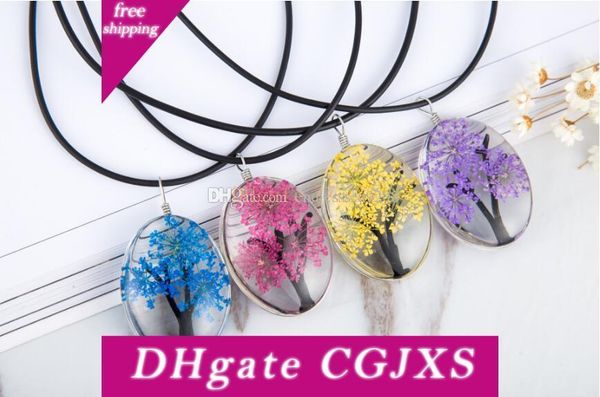 

design dried flowers plant specimens tree of life pendant necklace for women with leather rope chain fashion oval glass jewelry choker, Silver
