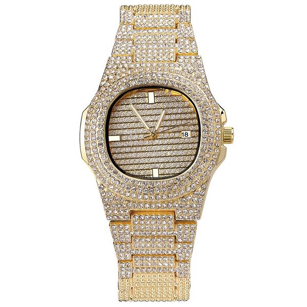 

diamond quartz watch bracelet men hiphop jewelry bling cubic zirconia ice out gold plated chains mens luxury hip hop link chain, Black