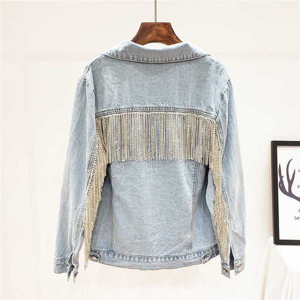 

women's jackets boho short fashion rhinestone chain tassel denim jacket long sleeve blue washed vintage loose jean ropa de mujer, Black;brown