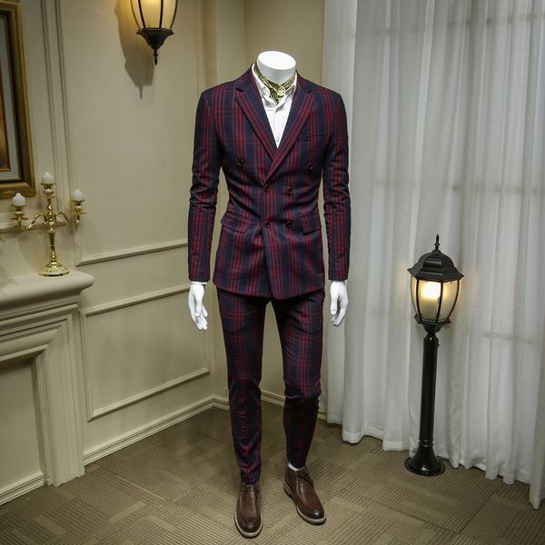 

xm geeki men casual suit jackets spring blazers slim fit mens two pieces suits male wine red plaid double breasted suit 365wt38, White;black