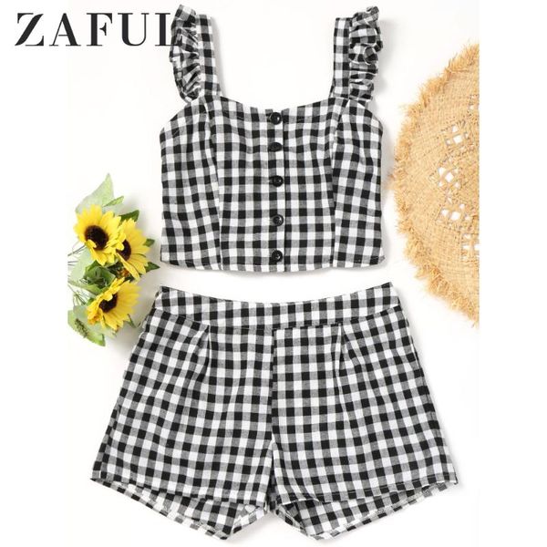 

zaful ruffles smocked plaid and shorts women summer two piece set sweet club crop shorts boho style beach women sets, Gray