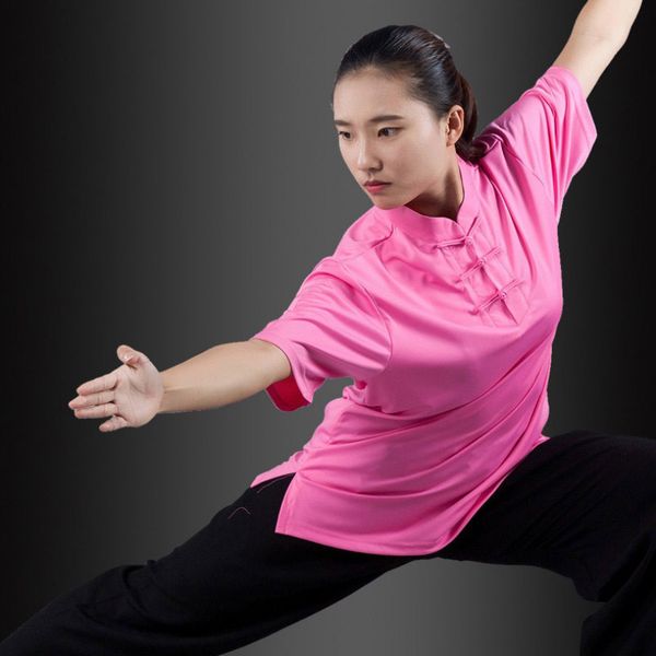 

summer breathable silk short sleeve kung fu shirts wing chun training vintage sport martial arts taichi uniform shirt, Black;red