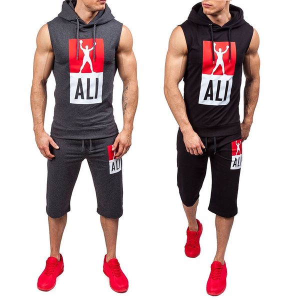 

Men Fashion Tracksuits Letter Man Pattern Print Sport Active Outfits Hooded Pullover Knee-length 2020 Summer Sleeveless High Quality