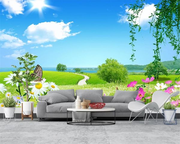 Romantische Landschaft 3D-Wandbild Tapete Grüne Felder Blumen Naturlandschaft Wohnzimmer Schlafzimmer Wandverkleidung HD-Tapete