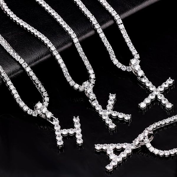 

women men rock hip hop bling jewelry iced out cz alphabet pendant personalized name cz tennis chain initial necklace, Silver