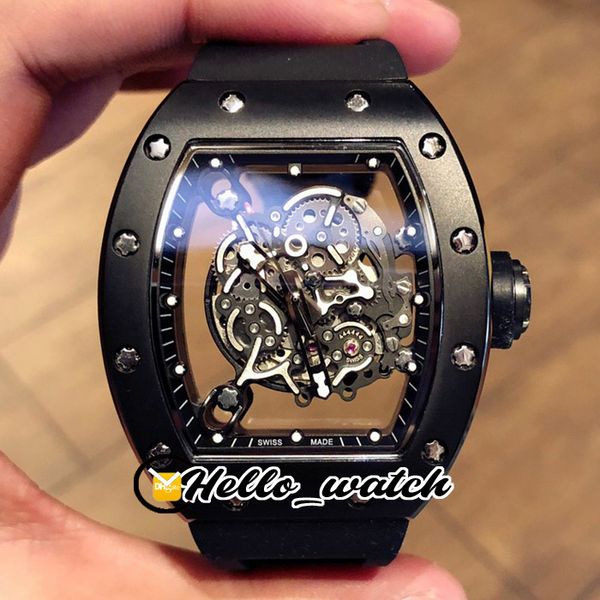 

new rm055 nano-ceramic composites case skeleton dial miyota automatic mens watch all black rubber strap sport watches hello_watch e214, Slivery;brown