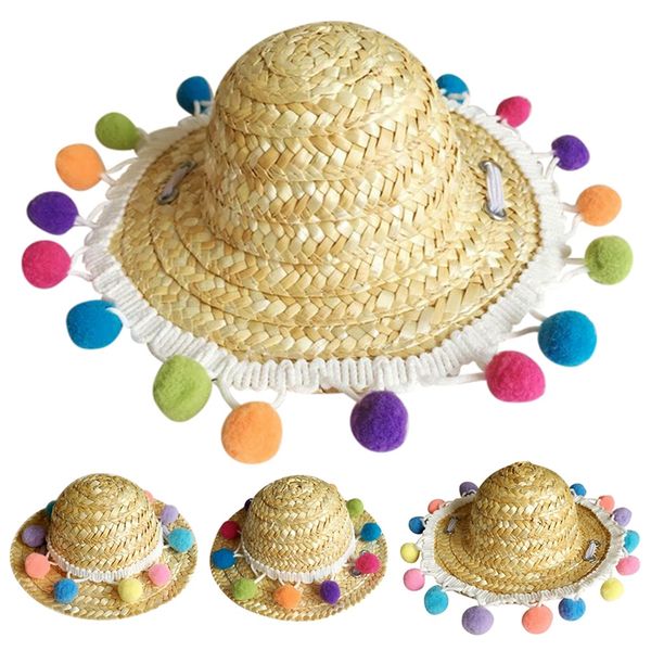 

dog apparel pet straw hat colorful pompom cat mexican sombrero cap adjustable handcrafted summer visor party