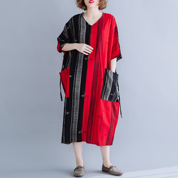 

johnature summer korean patchwork floral print v-neck pockets plus size dresses 2020 new simple comfortable women fashion dress, White;black