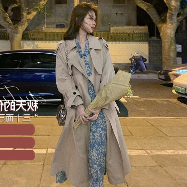 

dahuayuan dhy autumn korean khaki high-end atmospheric fashion loose temperament knee-length trench coat for women, Black;white