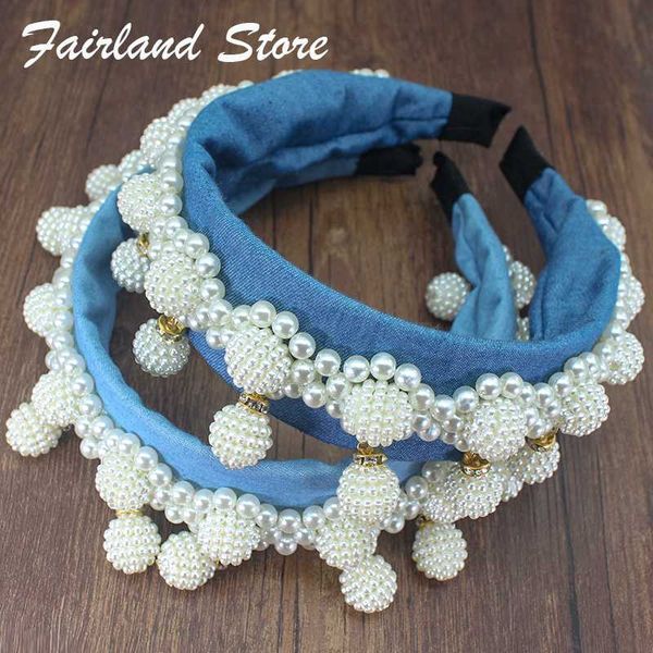 

fairland korean exaggerated gorgeous denim shiny pearl hair hoop baroque ball pendant crown women fashion personality headband, Golden;silver