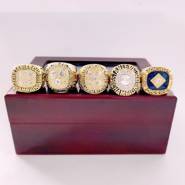 

5pcs 1984 1985 1987 1988 1990 edmonton oilers championship ring set men fan souvenir gift wholesale, Golden;silver