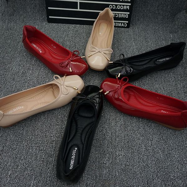 

patent leather women flat shoes ladies casual loafers with bow square toe slip on ballet flats ballerinas shoes chaussures femme, Black