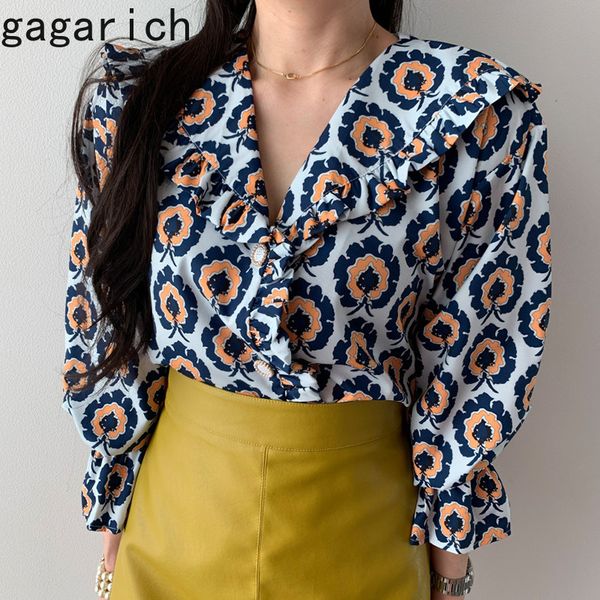 

gagarich women blouse korean style sweet color matching flower wooden ear lapel single breasted loose puff sleeve shirt, White