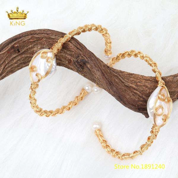 

freshwater pearl bangles fashion jewelry,natural white pearl wire wrapped real plated gold irregular bracelet women gifts, Black