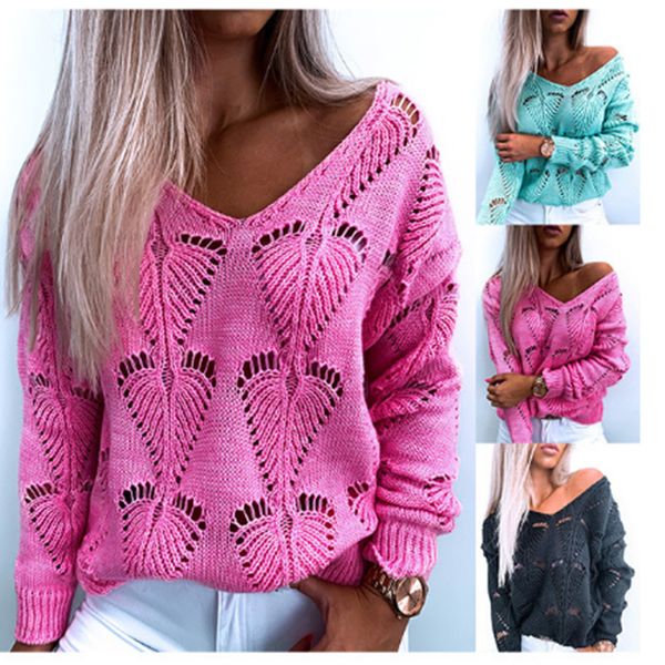 

2020 fashion women autumn winter sweaters hollow out design see throough v-neck long sleeve solid color casual loose knitted top, White;black