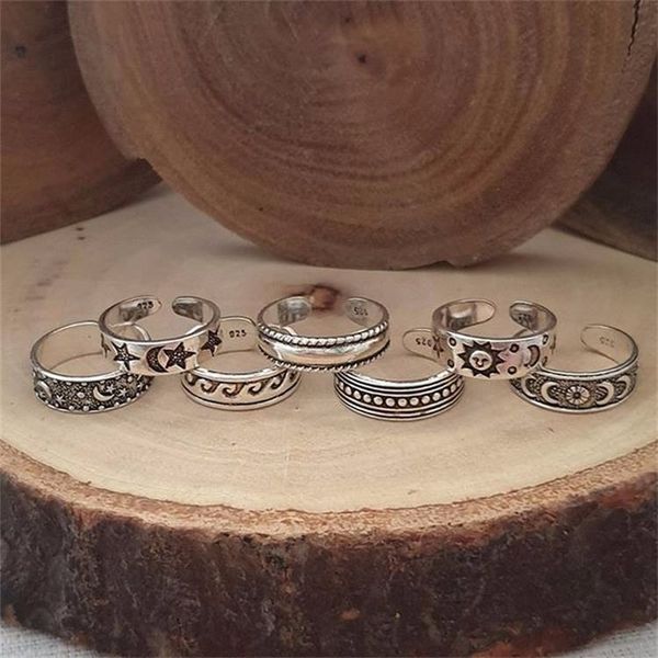 

bohemia waves sun moon star opens foot ring set vintage silver women eclipse opening toe rings jewelry, Black