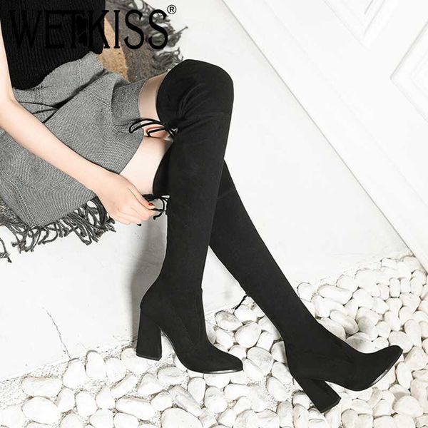 

wetkiss 2020 faux suede thigh high boots latest long boots women thick heels lace up winter over knee boot, Black