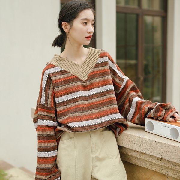 

2020 autumn and winter korean simple hong kong style harajuku style loose lazy mid-length v-neck sweater women's pullover pullover fash, Black