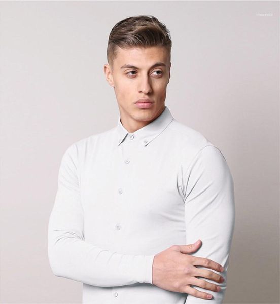 

solid color elasticity t-shirts casual long sleeve turn-down collar tees males clothing mens designer slim tshirts fashion, White;black