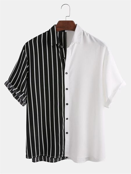 

short sleeve single breasted casual mens clothing summer male designer plus size 5xl shirts striped printed panelled turndown collar, White;black