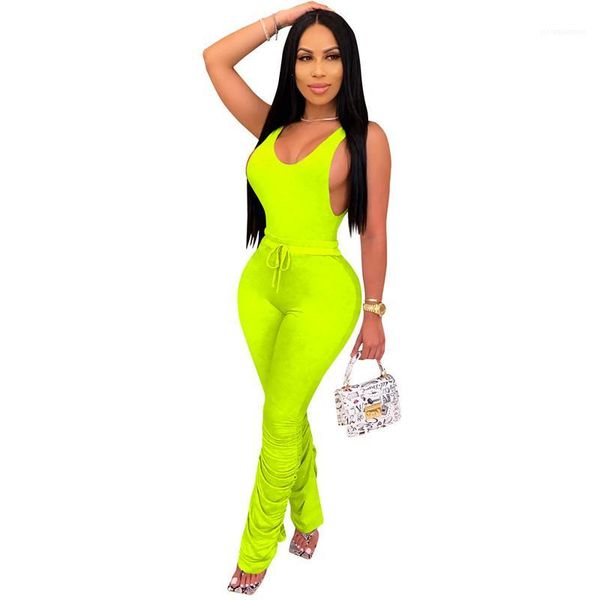 

long stacked pants woman 2pcs sets clothing women tracksuit casual scoop neck hollow out tank top, White