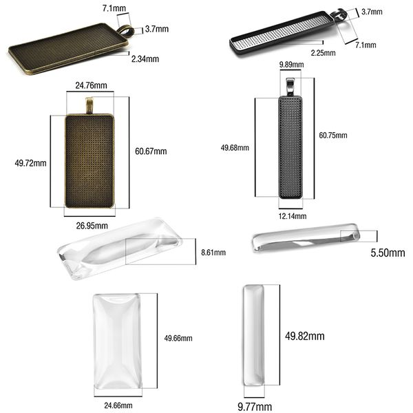 

10x50mm 25x50mm mixed rectangle base settings with rectangle glass cabochons pendant blank tray for jewelry findings accessories