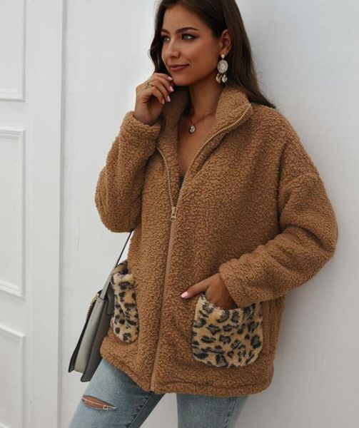 

women's teddy coat coat autumn winter imitation fur zipper stitching leopard pocket casual plush jacket women casaco, Black