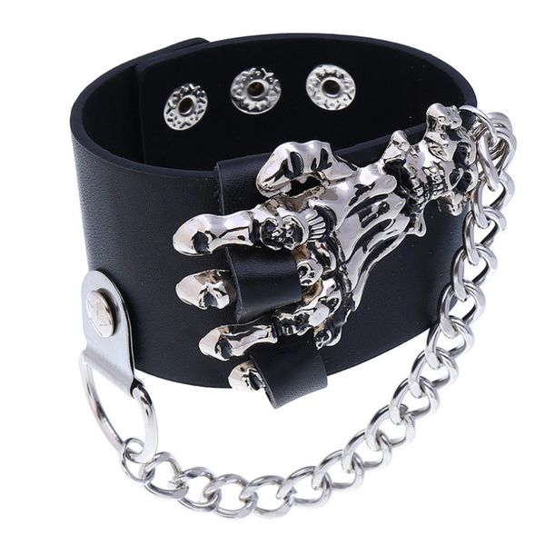 

charm bracelets punk rock hiphop men wide bracelet metal skull hand wristbands black cuff leather bangle wrap fashion gothic women jewelry, Golden;silver